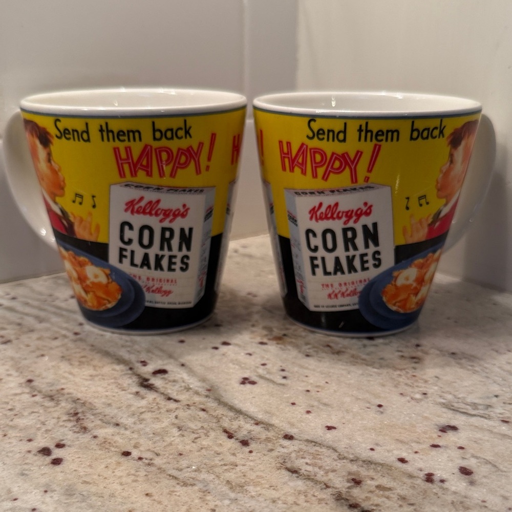 Y2K Kellogg’s Corn Flakes Advertising Mugs Set of 2 Retro Yellow excellent cond.